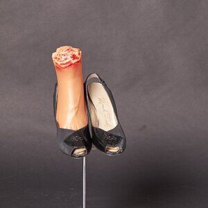 1950s Miracle Tread Black Patent and Matte Peep Toe Slingback Heels